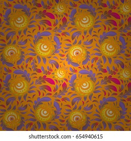 Vintage ornamental background with victorian pattern in violet, red and yellow colors. Vector illustration. Seamless damask pattern.