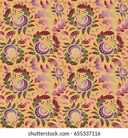 Vintage ornamental background with victorian pattern in violet and red colors. Vector illustration. Seamless damask pattern.