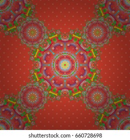 Vintage ornamental background with victorian pattern in yellow, red and green colors. Vector illustration. Seamless damask pattern.
