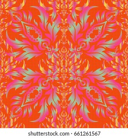 Vintage ornamental background with victorian pattern in pink, yellow and orange colors. Vector illustration. Seamless damask pattern.