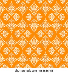 Vintage ornamental background with victorian pattern in orange and white colors. Vector illustration. Seamless damask pattern.