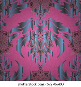 Vintage ornamental background with victorian pattern in green, brown and pink colors. Vector illustration. Seamless damask pattern.