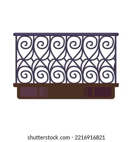 Vintage ornamental balcony railing vector illustration. Retro metal handrail or fence for stairs or terrace isolated on white background. Architecture, decoration concept