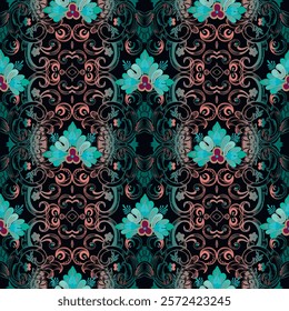 Vintage ornamental beautiful floral vector seamless pattern with intricate lines, flowers, swirls, leaves. Modern black background with colorful line art ornaments. Endless texture. For print, fabric.