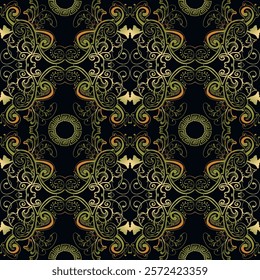 Vintage ornamental beautiful floral vector seamless pattern with intricate lines, flowers, swirls, greek key meander, leaves. Modern black background with green line art ornaments. Endless texture.