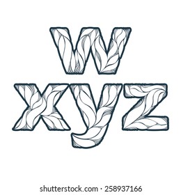 Vintage ornamental beautiful font, floral typescript. W, x, y, z,, letters isolated.