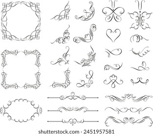 Vintage ornamental calligraphic designs, vector vinyl ready series. Frames, borders, corners, dividers, headers, filigrees, retro wedding invitation swirls, calligraphic butterflies and heart shapes.