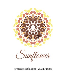 Vintage ornamental circular flower logo. Colorful sunflower brown yellow orange gold art  mandala. Business style.