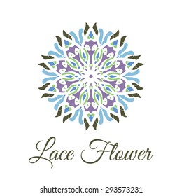 Vintage ornamental circular flower logo. Colorful purple green blue art  mandala. Business style.