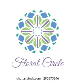 Vintage Ornamental Circular Flower Logo. Colorful Purple Green Blue Art  Mandala. Business Style.