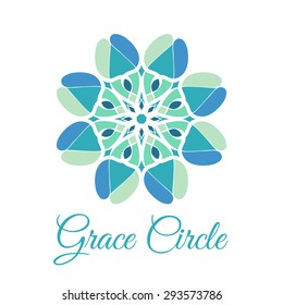 Vintage ornamental circular flower logo. Colorful green blue turquoise aquamarine celadon art  mandala. Business style.