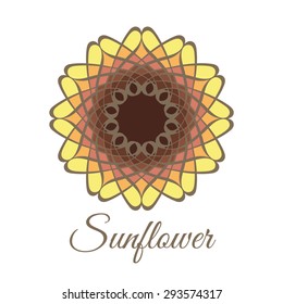 Vintage ornamental circular flower logo. Colorful yellow orange brown sunflower mandala. Business style.