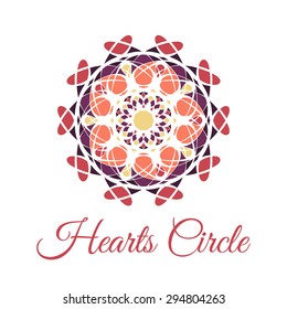 Vintage ornamental circular flower logo. Colorful purple red orange yellow art  mandala. Business style.