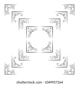 Vintage ornamental corner elements. Filigree flourish elements. Vector illustration. Decorations