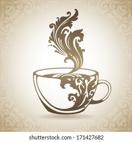 Vintage ornamental cup with drink. Decorative icon on a background with pattern