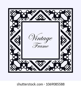 Vintage ornamental decorative label frame with ornate border and vintage pattern. Template for design of retro frames, borders, labels. Art deco ornament. Vector illustration