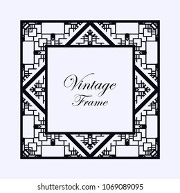 Vintage ornamental decorative label frame with ornate border and vintage pattern. Template for design of retro frames, borders, labels. Art deco ornament. Vector illustration