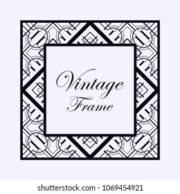 Vintage ornamental decorative label frame with ornate border and vintage pattern. Template for design of retro frames, borders, labels. Art deco ornament. Vector illustration