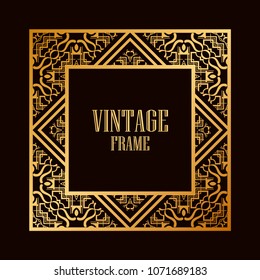 Vintage ornamental decorative label frame with ornate border and vintage pattern. Template for design of retro frames, borders, labels. Art deco ornament. Vector illustration