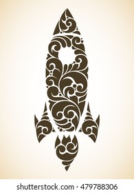 Vintage ornamental decorative rocket symbol, icon, design element. Vector Illustration 