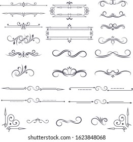 Vintage ornamental dividers and frames. Black floral decorations isolated on white background. Vector illustration