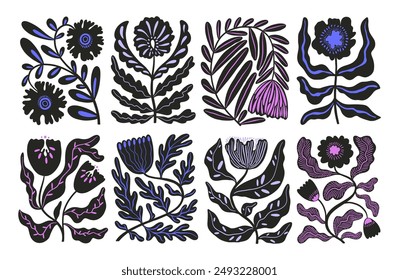 Vintage ornamental flowers in Matisse style. Botanical abstract modern shapes. Modern trendy decorative flowers with geometric silhouettes and elegant pattern decoration. Doodle style illustration.