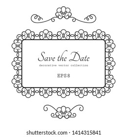 Vintage ornamental frame with curly border pattern and flourish swirls. Elegant decoration for wedding invitation card design. Place for text. Vector scroll embellishment on white.background