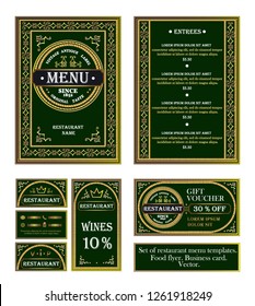 Vintage ornamental frame with gilt effect.  Retro style. Luxury design with place for your text.Pattern from curls.
Set of restaurant menu template.  Food flyer. Business card. Vector.

