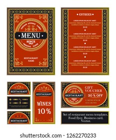 Vintage ornamental frame with gilt effect.  Retro style. Luxury design with place for your text.Pattern from curls.
Set of restaurant menu template.  Food flyer. Business card. Vector.
