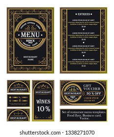 Vintage ornamental frame with gilt effect.  Retro style. Luxury design with place for your text.Pattern from curls.
Set of restaurant menu template.  Food flyer. Business card. Vector.
