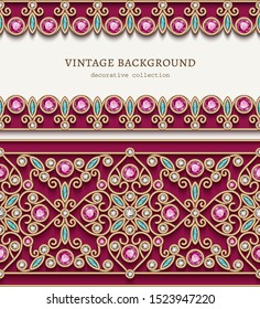 Vintage ornamental frame with jewelry border pattern. Vector jewellery gold decoration for wedding invitation card or cosmetic packaging design. Place for text.