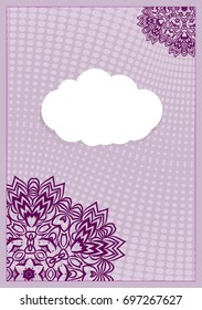 Vintage ornamental frame on purple ornate background. Luxury template for invitation or greeting card. Vector illustration.