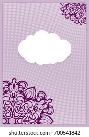 Vintage ornamental frame on purple ornate background. Luxury template for invitation or greeting card. Vector illustration.