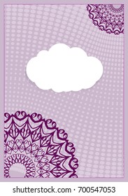 Vintage ornamental frame on purple ornate background. Luxury template for invitation or greeting card. Vector illustration.