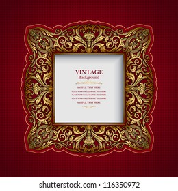 Vintage ornamental frame, rich, royal, luxury design, creative, trendy gold element for page and web decoration on red abstract background