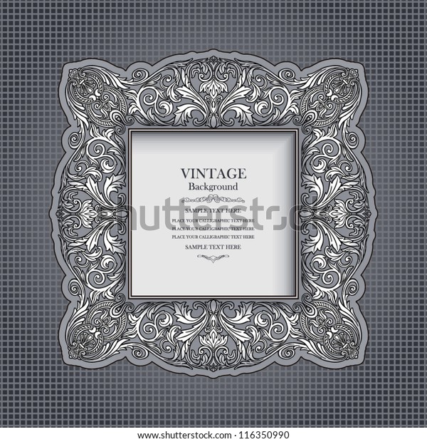 Vintage ornamental frame, rich, royal, luxury\
design, creative, trendy silver element for page and web decoration\
on gray abstract\
background