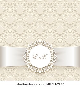 Vintage ornamental frame with round lace label and silk ribbon, wedding invitation or save the date card template, vector background for gift box or perfume packaging design with place for text.