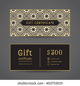 Vintage ornamental gift certificate. Vector editable template include front and back side