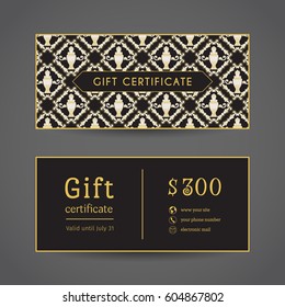 Vintage ornamental gift certificate. Vector editable template include front and back side