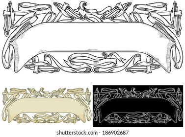 Vintage Ornamental header with ribbons	. Vector ornate banners at engraving style.