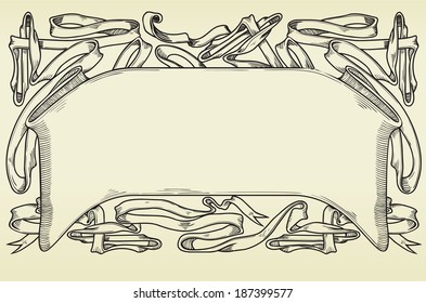 Vintage Ornamental header with ribbons. Vector ornate banner at engraving style. 