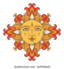 Vintage ornamental illustration. Vector hand drawn ethnic solar symbol. Floral folk pattern. Medieval sun with face for print. Astrological illustration. Venetian style