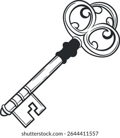Vintage ornamental key line drawing with intricate circular bow design, ideal for antique, mystery, lock, security, and treasure-themed illustrations or decorative vector elements.