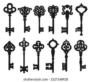 Vintage ornamental keys isolated silhouettes. Vector medieval key composed of victorian leaf scrolls, fleur-de-lis elements and embellishment engravings. Metal keys with forged symbol on tip, bow