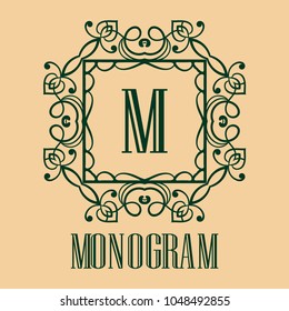Vintage ornamental logo monogram. Retro luxury frame for design with swirl elements and place for letter or text