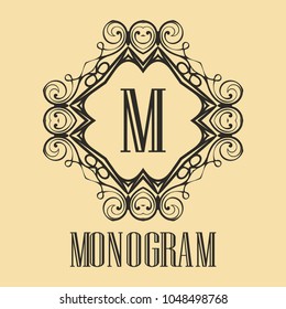 Vintage ornamental logo monogram. Retro luxury frame for design with swirl elements and place for letter or text