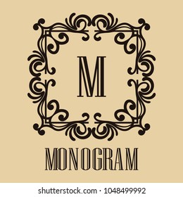 Vintage ornamental logo monogram. Retro luxury frame for design with swirl elements and place for letter or text