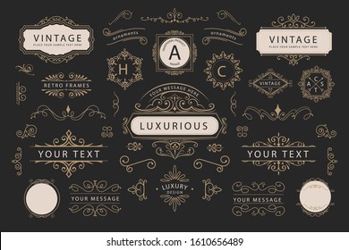 Vintage ornamental logos collection with black background