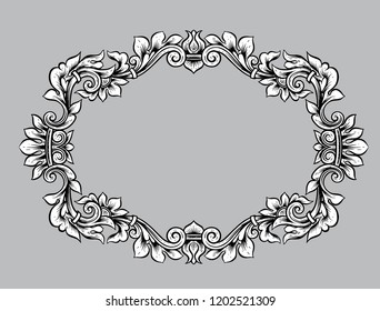 Vintage ornamental o-shaped frame.Vector. Empty Border, oval wreath with place for text. Horizontal edging. Ornate swirl leaves barocco antique style. Decorative retro floral engraving.