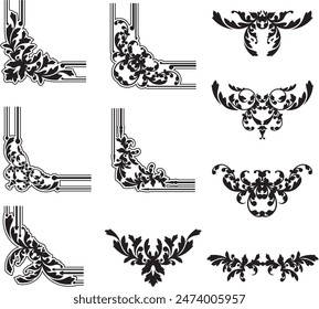 Vintage ornamental page decoration designs, flourish corners and filigrees. Baroque retro wedding invitation decorations. Damask elements. Victorian decorative vector elements, vinyl and laser ready.